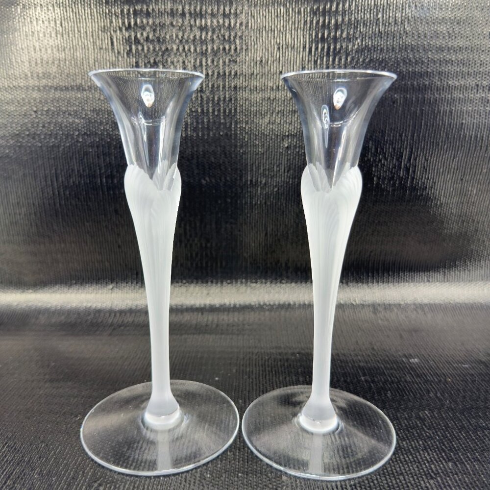 Sasaki Aegean Clear Frosted Stems Glass Crystal Candlestick Holder Set 2 Vintage - Picture 11 of 13